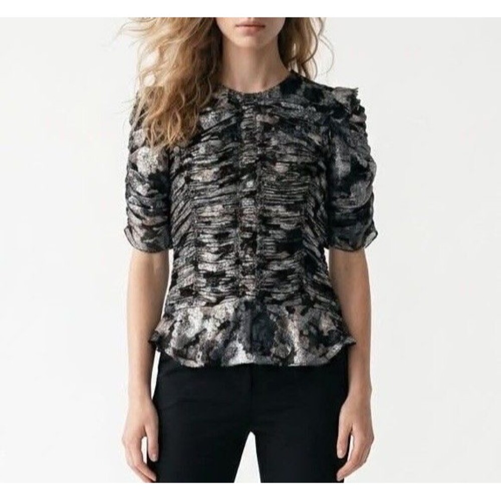Isabel Marant Grey Metallic Silk Ruffled Top, size 36